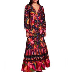 BNWT Farm Rio Black Banana Sky Printed V-neck Maxi SMALL Boho